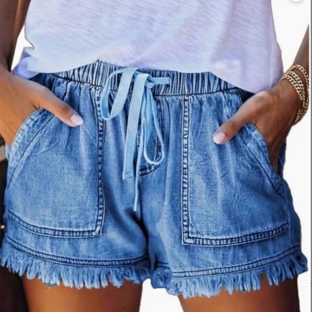 Women’s Denim Frayed Hem Drawstring Medium Wash Shorts in various NWT